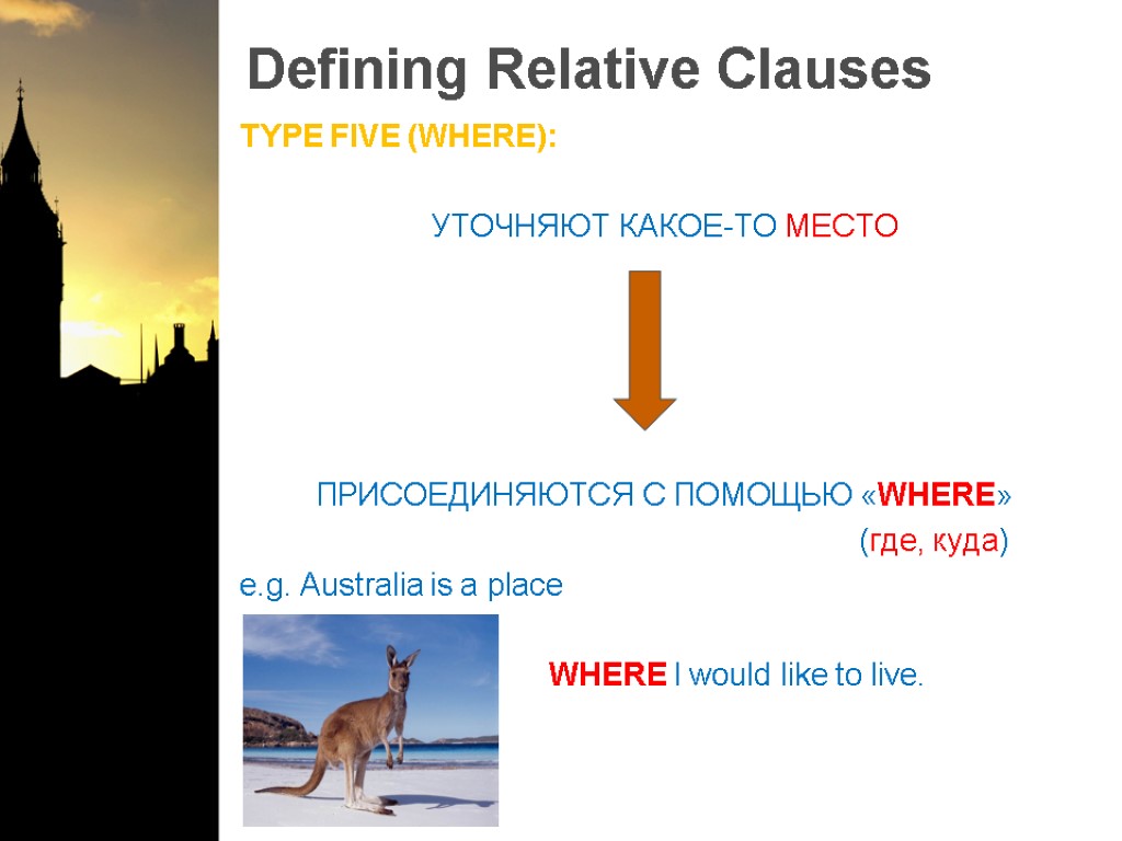 Defining Relative Clauses TYPE FIVE (WHERE): УТОЧНЯЮТ КАКОЕ-ТО МЕСТО ПРИСОЕДИНЯЮТСЯ С ПОМОЩЬЮ «WHERE» (где,